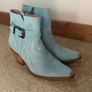 dingo Light Blue Suede Western Ankle Boots with Buckle